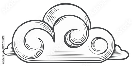 Stylized cloud illustration with swirling patterns and etched lines in monochrome