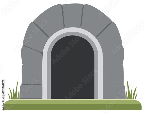 Minimalist Stone Archway Entrance Illustration with Dark Cave Opening and Green Grass
