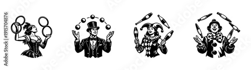 Flat vector icons set: circus performers and juggling illustrations collection