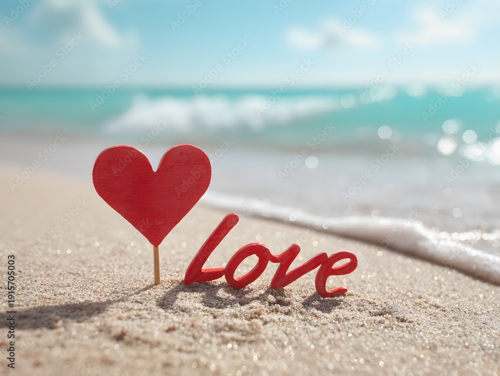 Fototapeta premium Red Heart Stick in Sand Beside Love Written on Beach with Turquoise Sea Waves ,Sunny Romantic Summer Valentine Concept