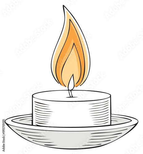 Hand drawn illustration of a burning tealight candle in a dish