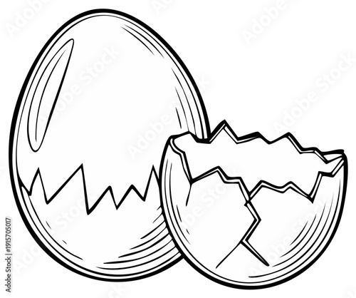 Broken eggshell and intact egg illustration. Vector hatching and outline art.
