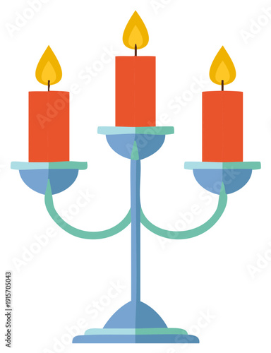 Triple candelabra with lit red candles and teal accents