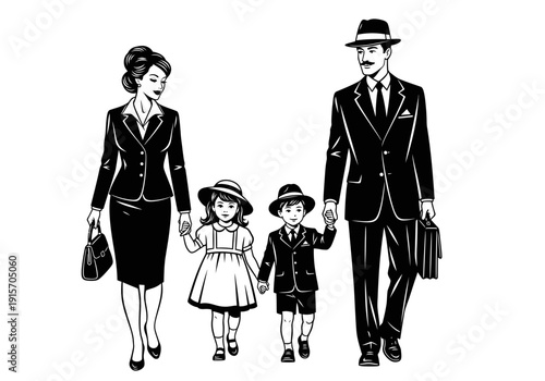 A vintage illustration depicts a formally dressed family of four walking together high quality professional detailed