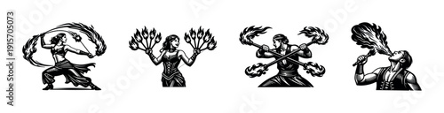 Fire performer icons set. flat vector icons set of fire spinners, jugglers, and flame artists