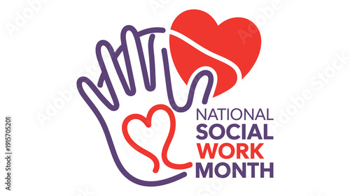 Minimalist Purple Hand Silhouette with Heart for National Social Work Month Graphic Design, Ideal for Community Outreach and Healthcare