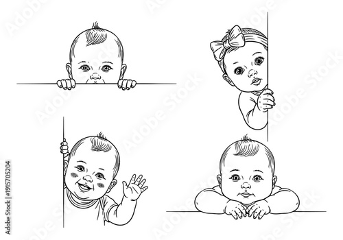 Four adorable baby faces peek over a ledge in a charming black and white sketch