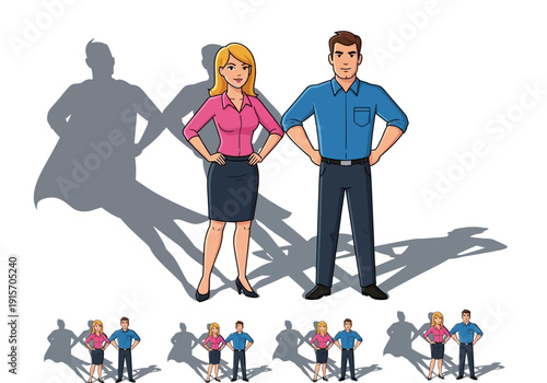 A confident couple stands with hands on hips revealing powerful superhero shadows behind them high quality