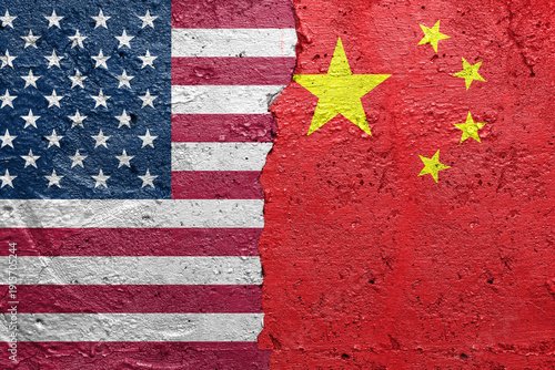 United States of America vs China - Cracked concrete wall painted with a USA flag on the left and a Chinese flag on the right