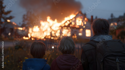 una familia triste y devastada observando como pierden su casa a causa de un incendio desastre y desesperacion de la perdida del hogar
