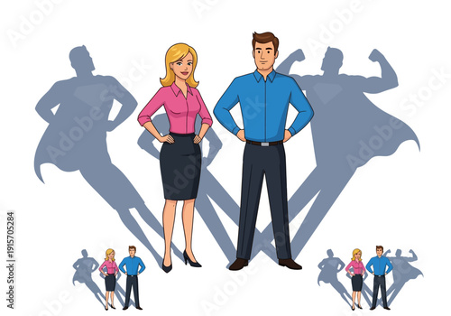 Business professionals with superhero silhouettes and miniature figures representing teamwork and leadership high quality professional detailed