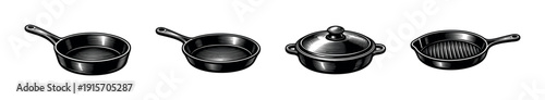 Cookware flat vector icons set: frying pans and pots collection in kitchenware style