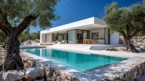Modern luxury villa with swimming pool among olive trees