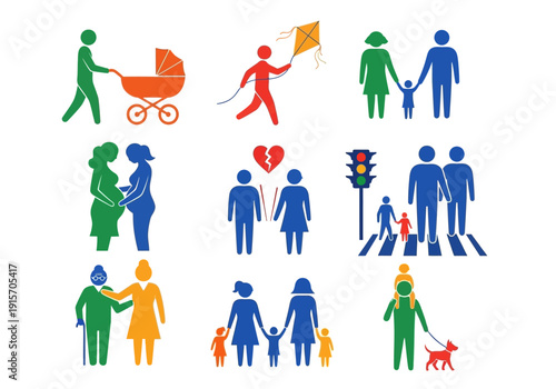 A collection of colorful stylized icons depicting various family and societal elements high quality professional detailed