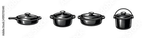 Cookware flat vector icons set: pots, pans, and kitchen tools collection