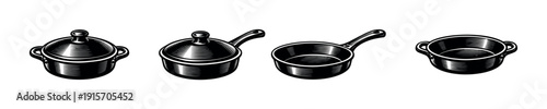 Cookware flat vector icons set. kitchen utensils, pans, and pots illustrations