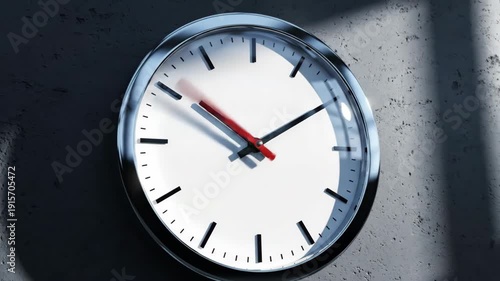 Modern minimalist wall clock with silver chrome frame and white face displaying precise time in contemporary interior design setting accurately.