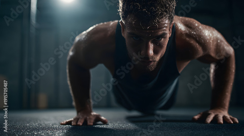 un hombre musculoso atletico deportista haciendo lagartijas o burpees en el gimnasio ejercitando su cuerpo para estar saludable rendimiento y resistencia 