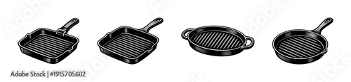 Grill pan flat vector icons set. culinary and cooking tools collection. skillet illustrations