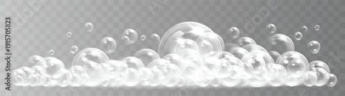 Soft white foam and floating soap bubbles. Realistic vector illustration