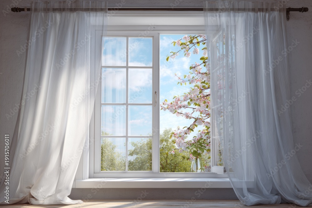 Fototapeta premium Flowers bloom outside a window with white curtains in a bright room during daytime