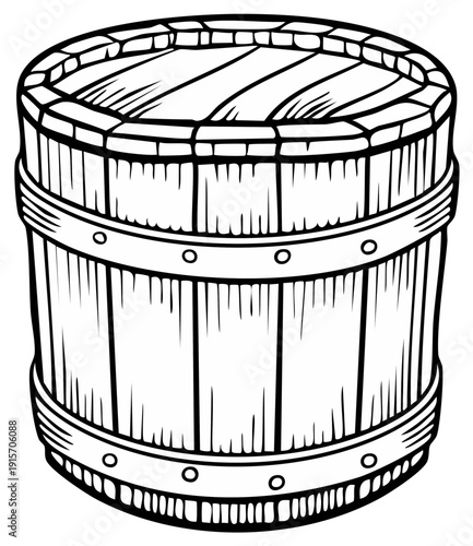 Traditional wooden barrel line art drawing rustic wood container illustration
