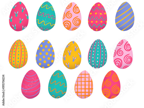 Bright colorful Easter eggs collection with modern decorative patterns including dots, stripes, spirals, grid and bunny motifs. Cute spring holiday illustration isolated on white background