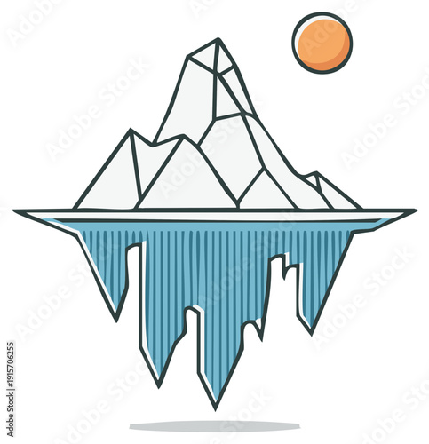 Minimalist Iceberg Illustration with Sun Over Water Surface Arctic Landscape