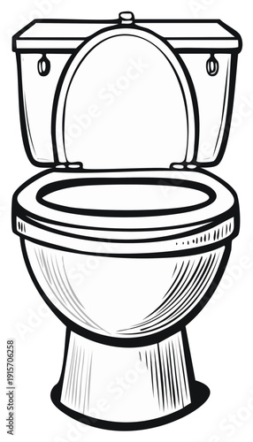 Black and white illustration of toilet, seat open and ready for use.