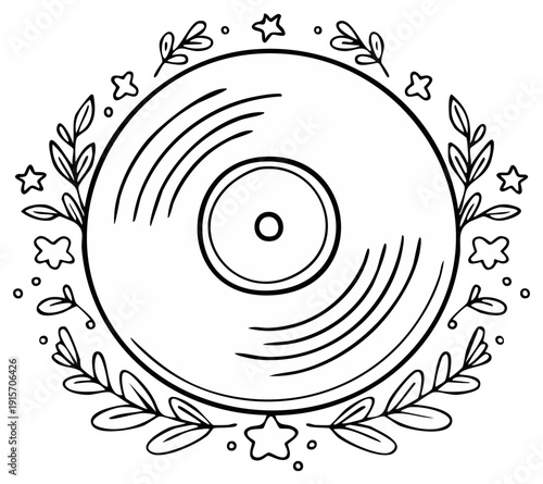 Hand drawn vinyl record in a celestial botanical wreath of leaves and stars doodle illustration
