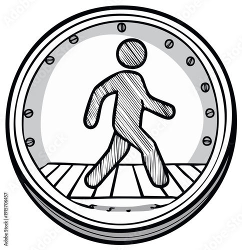 Hand drawn pedestrian symbol walking on a crosswalk inside a circular frame