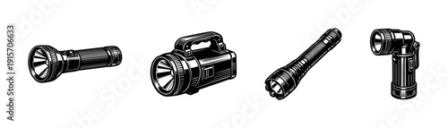 Flashlight flat vector icons set. torch and lantern illustrations. portable light devices collection