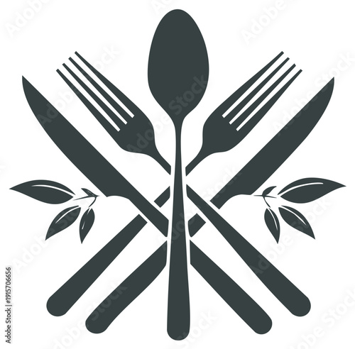 Stylized silverware arrangement featuring a spoon forks and knives with leaf accents graphic design element ideal for food themed content