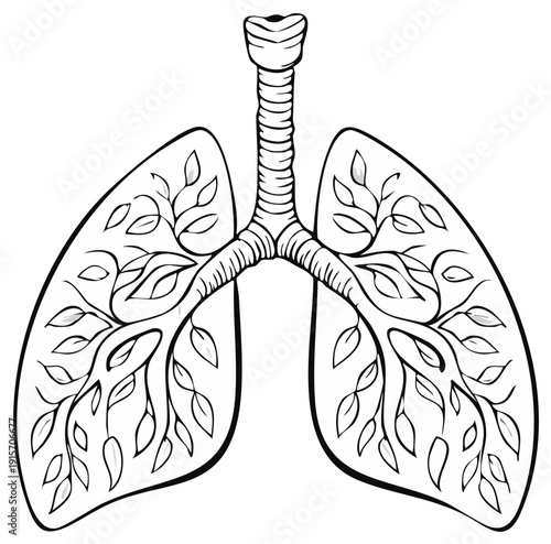 Lungs artwork drawing with plant veins illustration, lungs with trachea anatomy, respiratory system vector