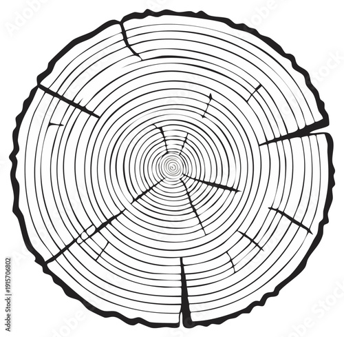 Stylized black and white illustration of a tree trunk cross section with annual rings and cracks