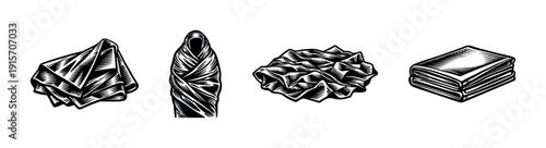 Flat vector icons set: fabric, textile, cloth wrapping illustrations for design projects