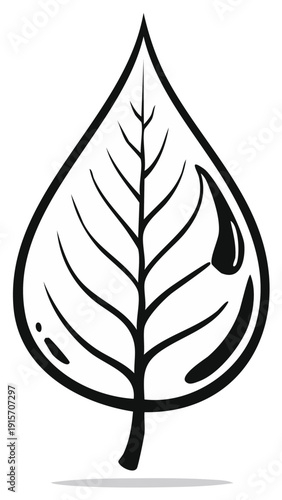 Clean graphic line art drawing of an organic plant leaf with a dew drop element