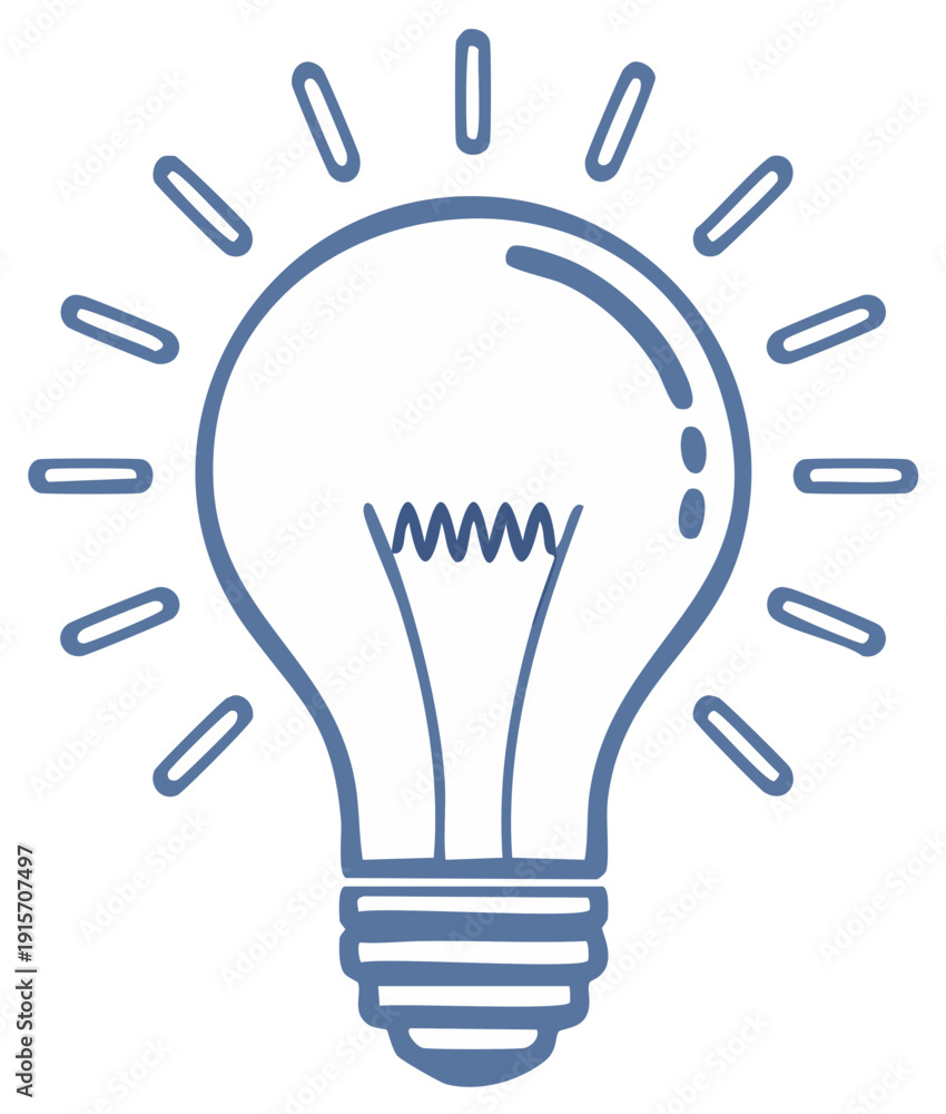 Fototapeta premium Simple blue line drawing of a glowing incandescent light bulb radiating energy and ideas