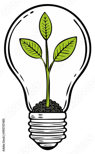 Green sprout growing inside a light bulb symbolizing new ideas and sustainable energy concepts