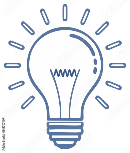 Simple blue line drawing of a glowing incandescent light bulb radiating energy and ideas