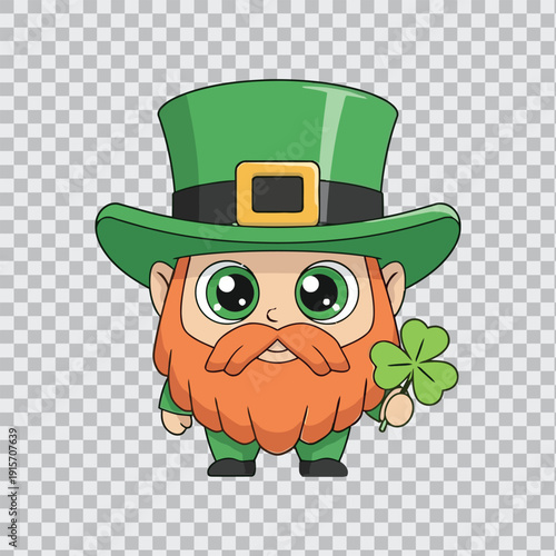 Cartoon leprechaun with a green hat and shamrock for St. Patrick's Day