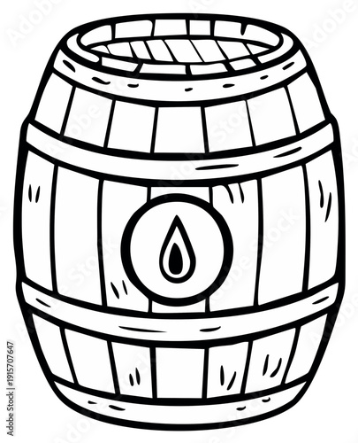 Cartoon illustration of a wooden barrel with a drop of liquid icon on it for brewing or storage