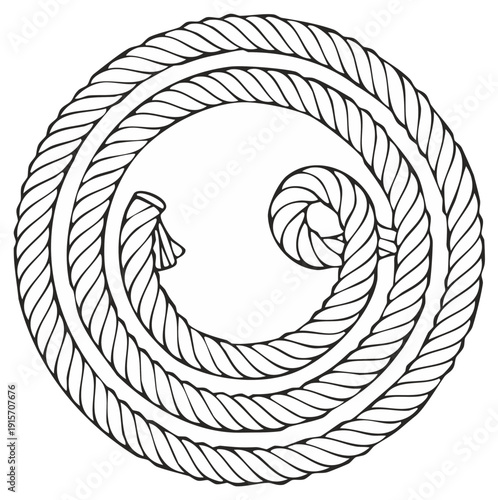 A coiled nautical rope forming a circular spiral pattern. Black and white line art vector illustration.