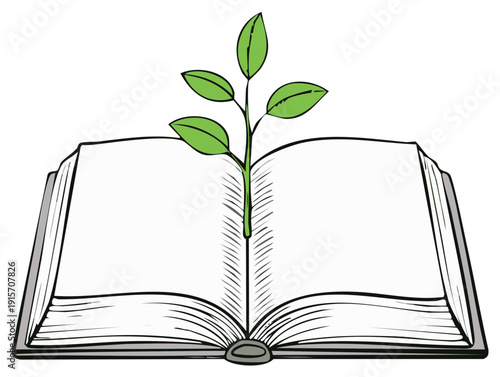 Open book with plant growing, illustration, knowledge and education concept