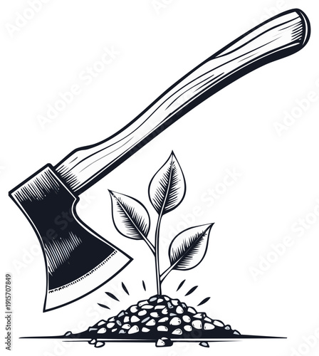 Axe over sprouting plant. Concept of deforestation and environmental destruction.