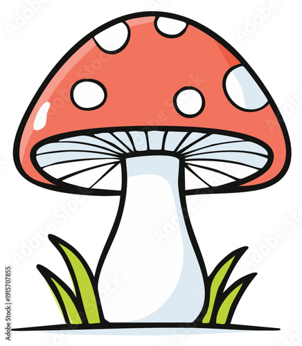 Whimsical Red and White Spotted Mushroom with Green Grass Clumps