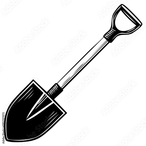 Illustration of a shovel with a wooden handle, gardening tool in black and white.