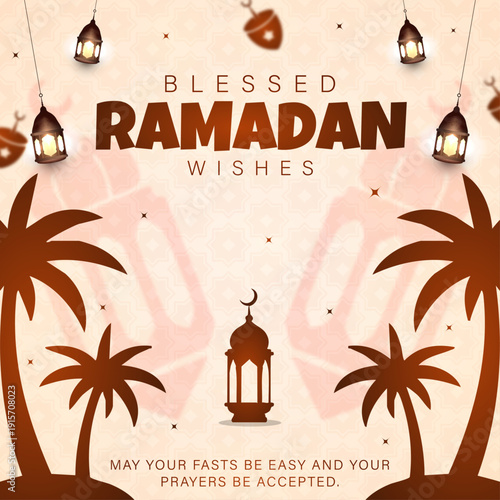 Ramadan Kareem Greeting Social Media Post with Lanterns, Islamic Holy Month Wishes Banner with Palm Trees and Mosque, Minimalist Brown Ramadan Mubarak Poster Design, Blessed Ramadan Wishes Square Back