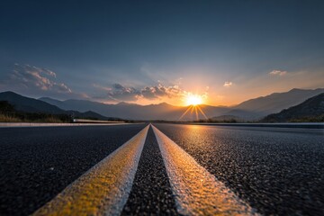 Sunset over a long straight road with mountains in the background and clouds in the sky at dusk