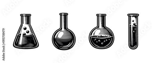 Chemistry equipment icons set. flat vector icons of laboratory glassware, flasks, beakers